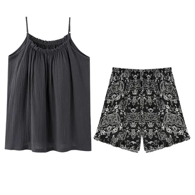 向薇 纯棉女夏天吊带短裤带胸垫女士夏款可外穿家居服睡衣套装 女款