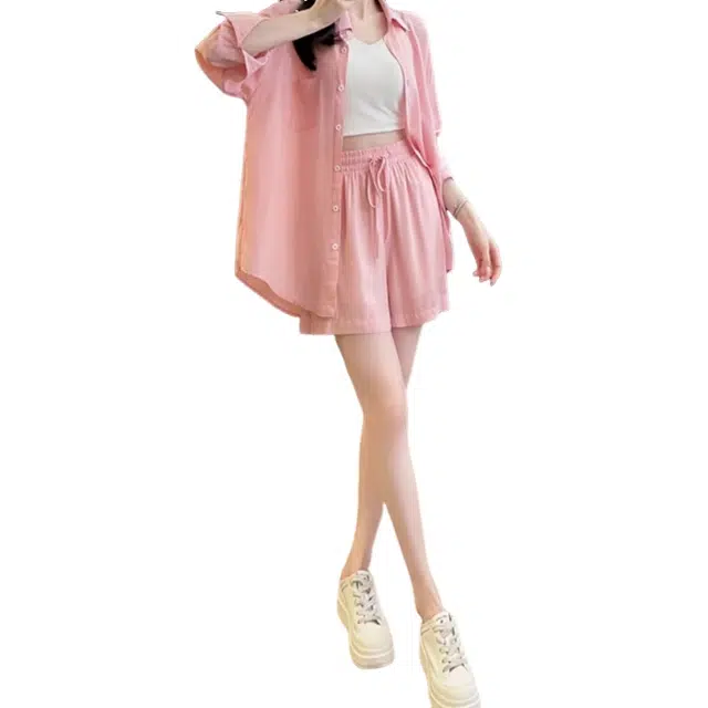 丝絮丝绸 宽松时尚减龄长袖短裤休闲套装 女款