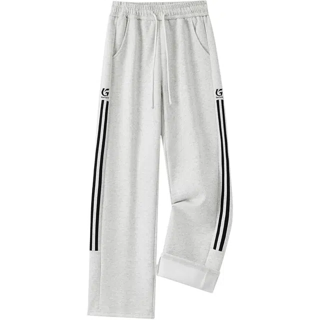 加菲猫家族 美式复古潮流侧边两条杠创意设计字母印花宽松时尚百搭舒适透气无性别主义运动基础简约纯色系带中腰垂感直筒拖地休闲裤 男女同款