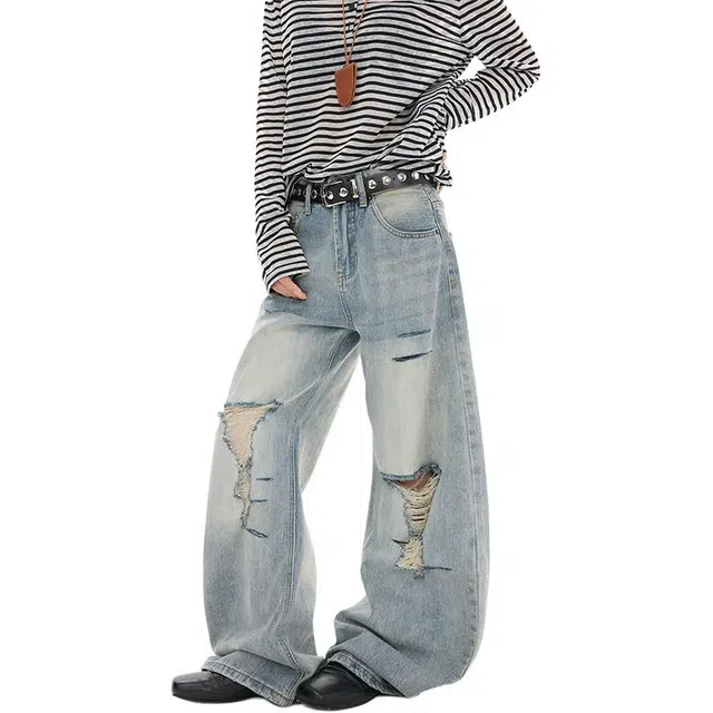 拾个壹先生 美式竹节纹破洞潮流做旧设计感高街痞帅弯刀阔腿牛仔裤 男女同款