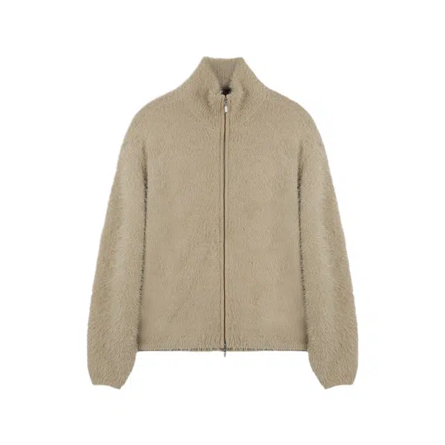BESLOW HAIRY KNIT HIGH NECK ZIP-UP