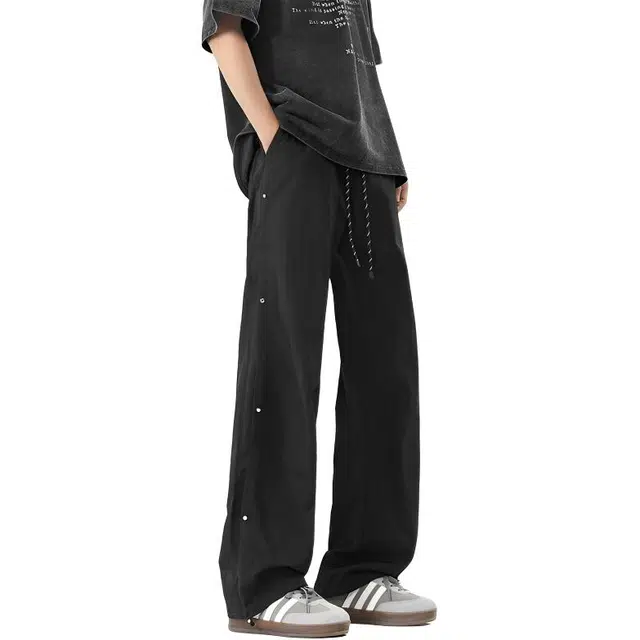 中国航天 简约纯色直筒宽松阔腿工装运动长裤子拼接铆钉潮牌高街亚比风日系美式复古潮流高级感薄款速干垂感拖地百搭休闲裤 男女同款