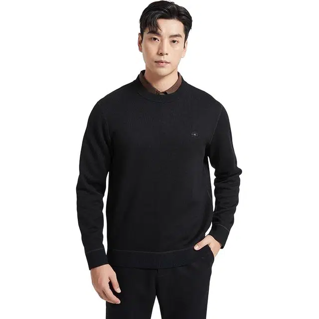 古鲨 山羊绒毛衫时尚百搭桑蚕丝加绒圆领针织衫 男款