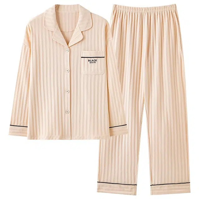 俏韵 翻领春秋季简约条纹长袖开衫甜美可爱休闲舒适薄款家居服可外穿睡衣套装 女款