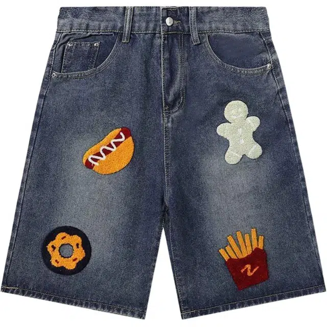 囍鱼少女 美式复古汉堡薯条毛巾绣夏季潮牌宽松高街阔腿五分裤牛仔短裤 女款