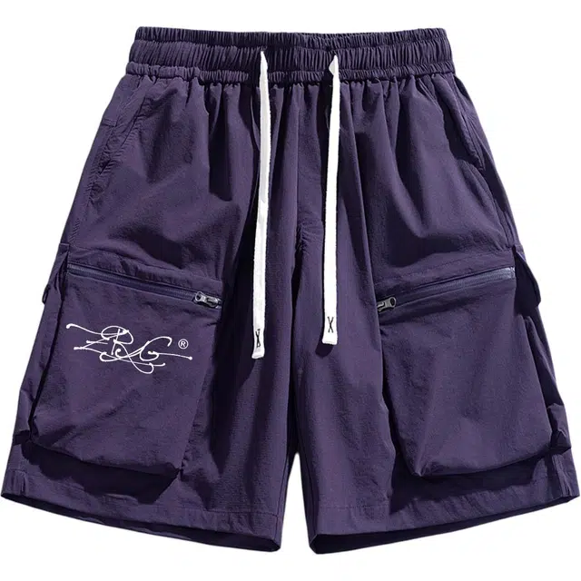 梓润格 夏季酷飒印花美式复古简约拉链时尚百搭潮流户外穿搭一穿即走野营旅游大口袋纯色宽松版大码潮牌五分裤工装短裤 男女同款