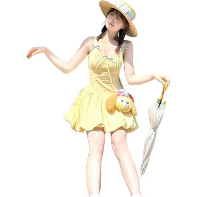 小卷要加油 多巴胺甜美小个子度假风波点花苞裙收腰蓬蓬裙吊带连衣裙 女款