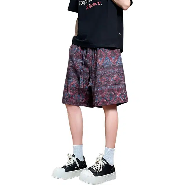 太子龍 民族风针织提花外穿过膝中裤运动五分裤休闲短裤 男款