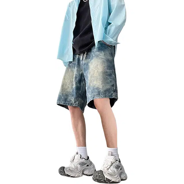太子龍 美式夏季薄款潮牌迷彩宽松直筒休闲五分牛仔短裤 男款