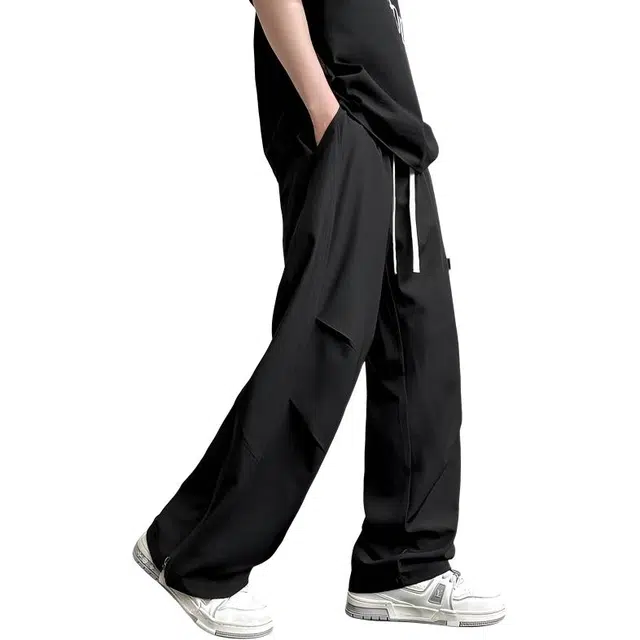 中国航天 轻薄透气舒适山系户外机能风褶皱工装伞兵裤侧边拼接拉链美式高街宽松垂感潮流运动阔腿百搭直筒休闲裤 男女同款