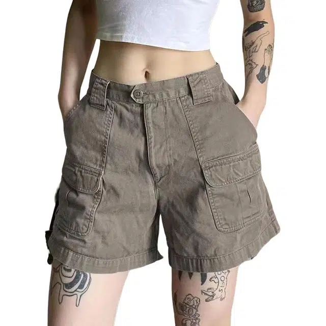 囍鱼少女 夏天裤子 女工装裤辣妹美式复古洗水透气舒适休闲三分 牛仔短裤 女款