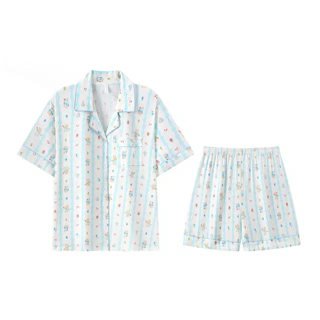 顶瓜瓜 棉质短袖短裤翻领开衫可爱卡通条纹小熊休闲两件套家居服夏季睡衣套装 女款