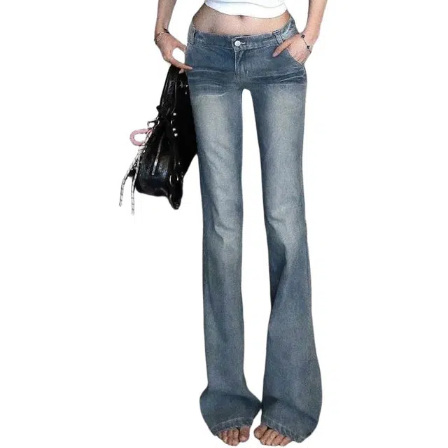 囍鱼少女 微喇低腰裤女春季显身材喇叭垂感显瘦美式复古水洗休闲牛仔裤 女款