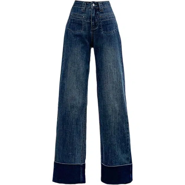 如续 古撞色拼接设计感阔腿女宽松高腰显瘦九分烟管裤复古蓝美式设计牛仔裤 女款