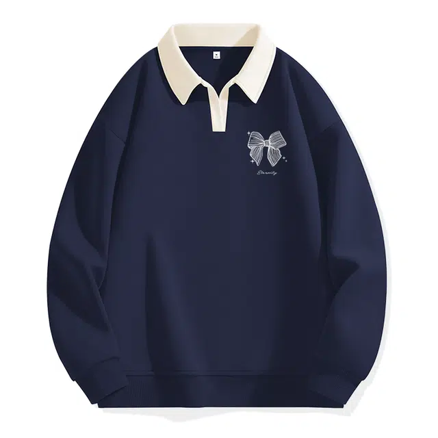 棉致 潮流百搭蝴蝶结涂鸦翻领撞色学院风柔软舒适亲肤宽松落肩长袖卫衣 女款