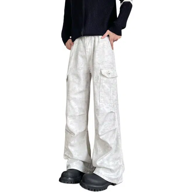 帝狼牛 美式复古高街设计感褶皱多口袋百搭宽松直筒学院风青少年痞帅穿搭舒适重工水洗休闲工装裤 男女同款