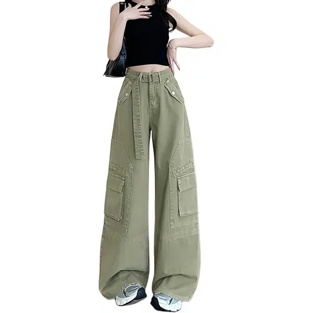 如续 工装大口袋阔腿女春夏流行单品美式高腰显瘦宽松直筒裤牛仔裤 女款