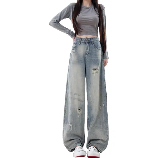 么宁 美式复古破洞设计感慵懒百搭小个子直筒宽松显瘦垂感阔腿牛仔裤 女款