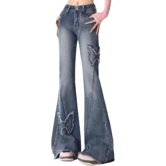 囍鱼少女 美式复古微喇裤女小众设计感蝴蝶毛边刺绣马蹄喇叭长裤子牛仔裤 女款