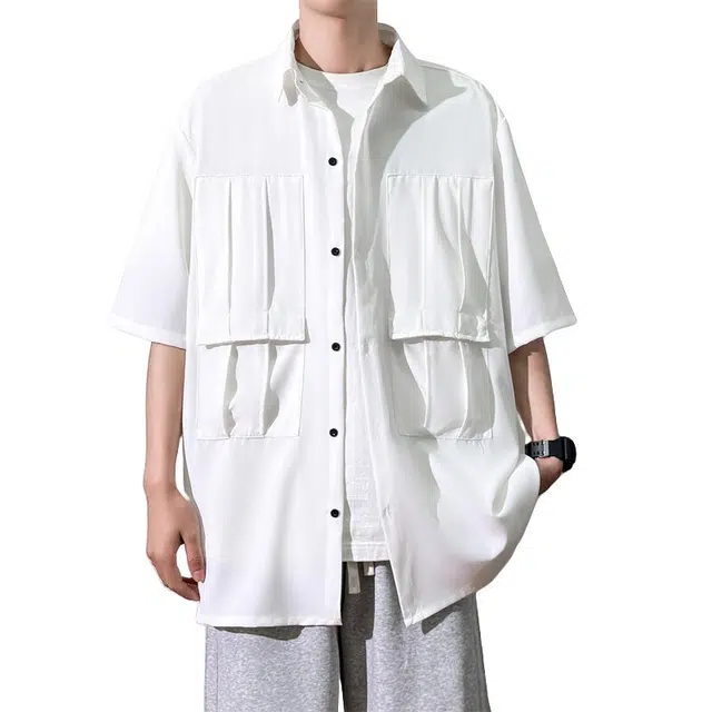 加荣 夏季速干冰丝垂感轻薄透气纯色短袖衬衣男潮流百搭炸街帅气青少年户外出行工装宽松休闲衬衫 男女同款