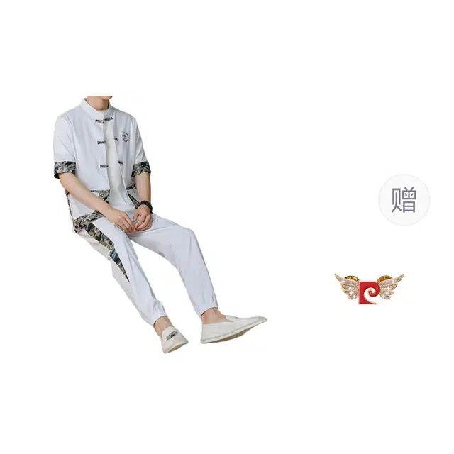 大白鲨 棉麻中国风佛系常规短袖立领宽松型休闲运动套装 男女同款