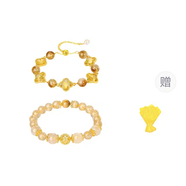 【甄选好晶】 金六福吉祥 鎏金双韵新中式转运珠 四叶幸运草经典百搭高级感 纳福吞金兽暴富来好运必备天然 黄水晶 手串 女款