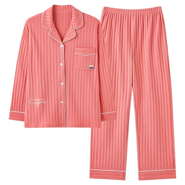 俏韵 翻领春秋季简约条纹长袖长裤开衫甜美可爱休闲舒适薄款家居服可外穿睡衣套装 女款