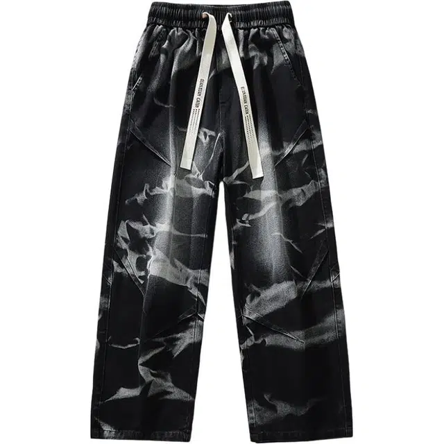 华夏儿女 薄款美式复古不规则扎染直筒裤宽松百搭潮牌休闲牛仔裤 男款