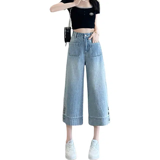 如续 复古蓝阔腿女夏季薄款高腰宽松显瘦小个子直筒八分裤子牛仔裤 女款