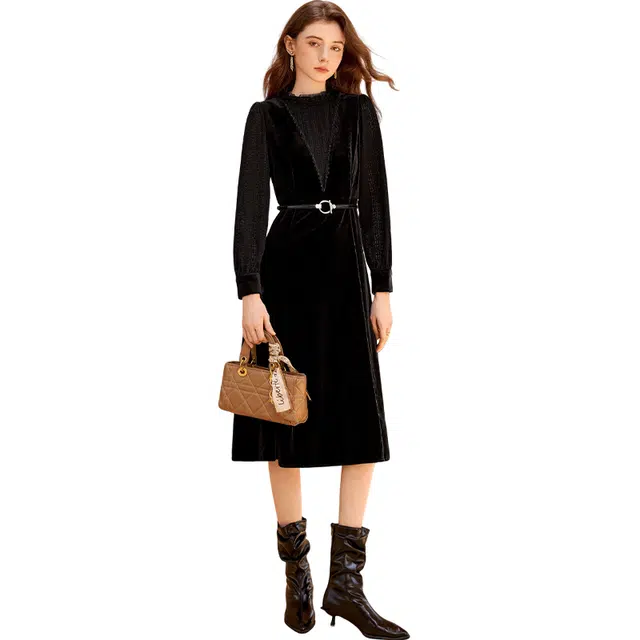 她池 气质修身拼接木耳边舒适长袖连衣裙 女款 黑色