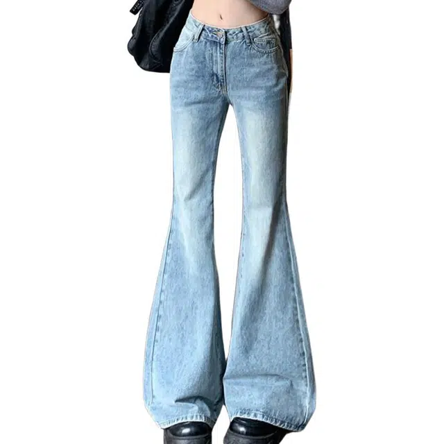 囍鱼少女 美式复古微喇叭裤女春秋设计感百搭高腰显瘦拖地长裤牛仔裤 女款