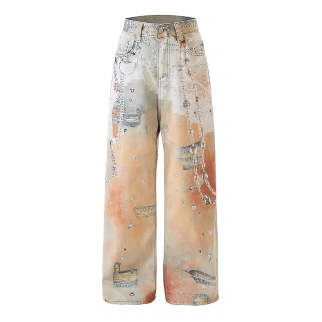 欧路得 重工蕾丝链条印花宽松男女夏季设计感痞帅直筒阔腿长裤牛仔裤 男款