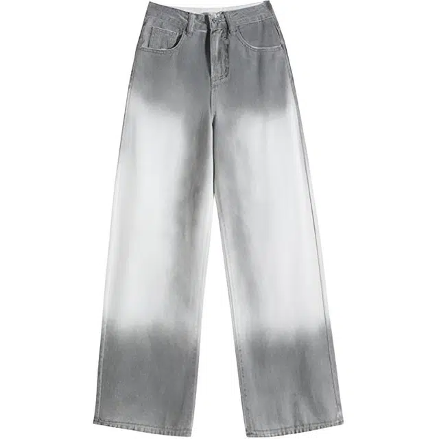 敲模女孩 美式复古渐变色设计感高腰阔腿宽松直筒牛仔裤 女款