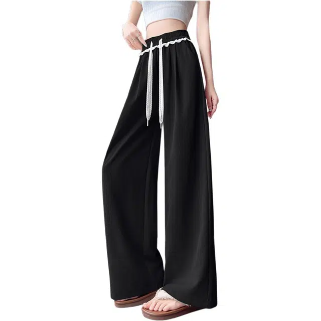 丝絮丝绸 蕾丝花边抽绳冰丝阔腿裤女夏季慵懒风山本裤直筒拖地长裤休闲裤 女款