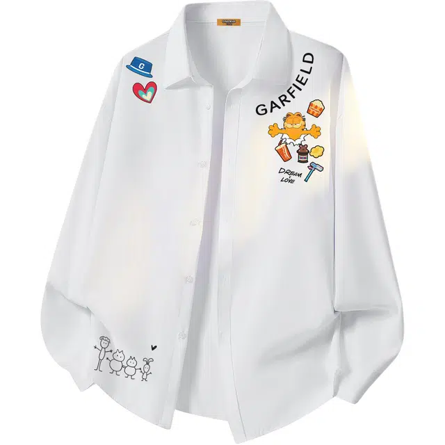 加菲猫家族 美式复古潮流时尚百搭创意加菲猫印花无性别主义落肩袖翻领衬衣叠穿春秋款日常通勤长袖少年感宽松上衣休闲外套衬衫 男女同款