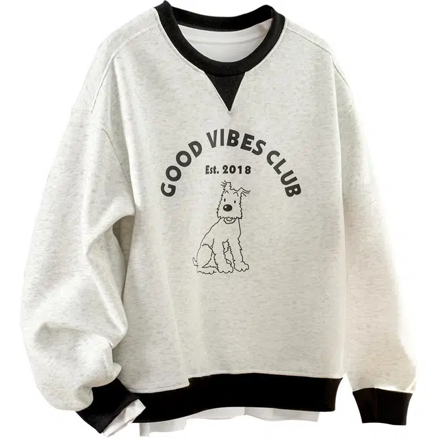 她池 圆领套头通勤休闲风卡通印花拼色落肩长袖卫衣 女款