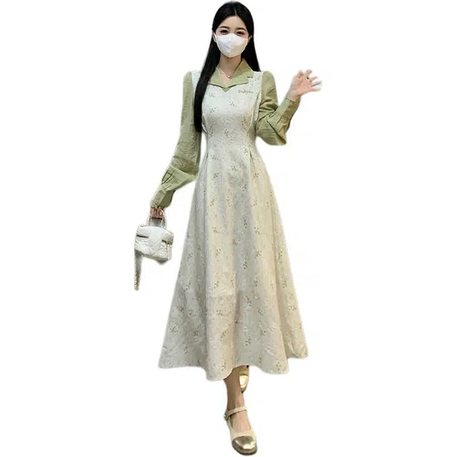 敲模女孩 法式慵懒风气质温柔风假两件碎花裙子长袖连衣裙 女款