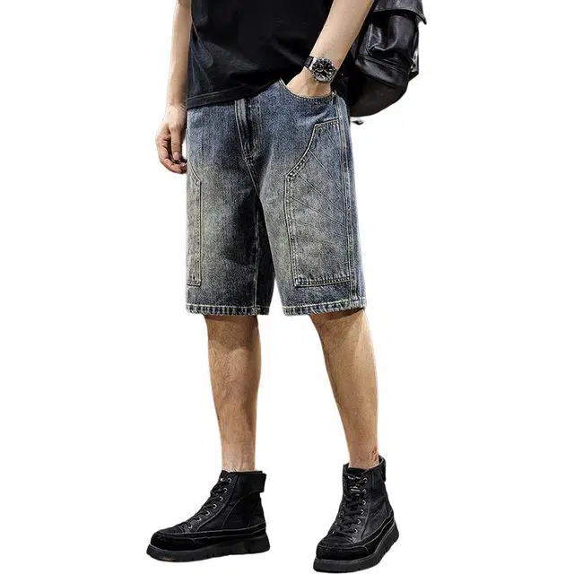 前进牛 阿美咔叽户外机能高端复古雪花洗伐木工装潮牌直筒中裤美式痞帅五分裤牛仔短裤 男女同款