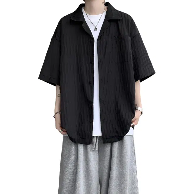 加荣 夏季薄款透气潮牌百搭古巴领短袖衬衫 男女同款