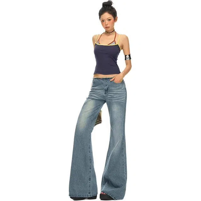 拾籍 美式风格低腰设计百搭款式弹力不贴腿显高先腿长微喇叭裤型牛仔裤 女款