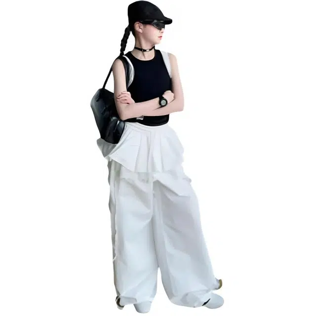 木木兔休闲运动套装 时髦洋气女童衣服夏装短袖大童潮牌小学生背心黑白叠穿裤女孩 女款