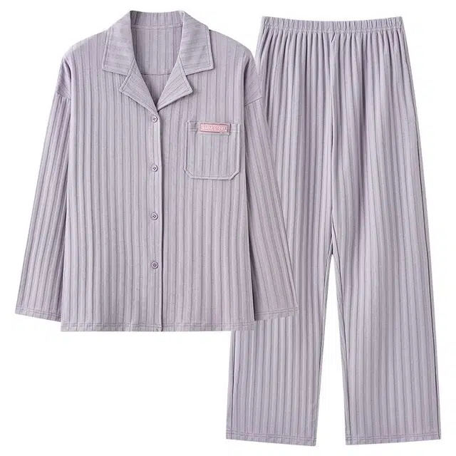 俏韵 翻领春秋季款简约条纹长袖开衫甜美可爱休闲舒适薄款家居服可外穿睡衣套装 女款