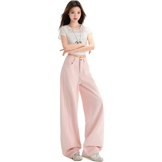 拾籍 简约复古高腰宽松显瘦阔腿裤女多巴胺休闲百搭舒适拖地牛仔裤 女款