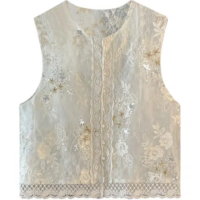 沐晓欣 新中式国风复古绣花圆领盘扣花边气质手工贴片背心马甲 女款