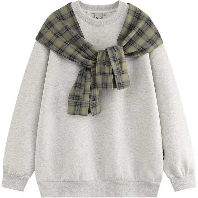 桴生 美式小众宽松印花设计格子披肩春秋款复古高街假两件套上衣卫衣 女款