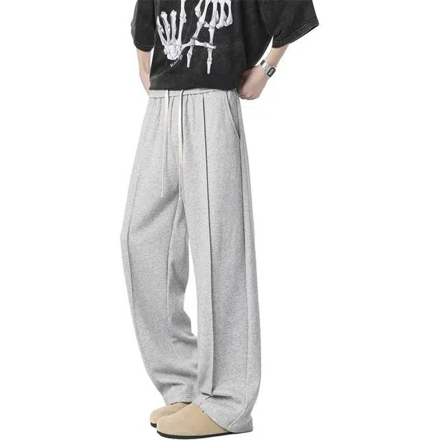 帝狼牛 纯色简约户外运动宽松系带直筒舒适休闲裤 男女同款