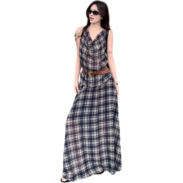 小卷要加油 法式复古格纹设计感上衣女春夏季宽松高腰百搭半身裙两件无袖裙装套装 女款