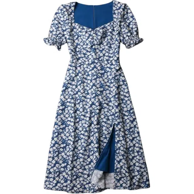 囍鱼少女 方领复古碎花 法式 收腰开叉裙短袖连衣裙 女款