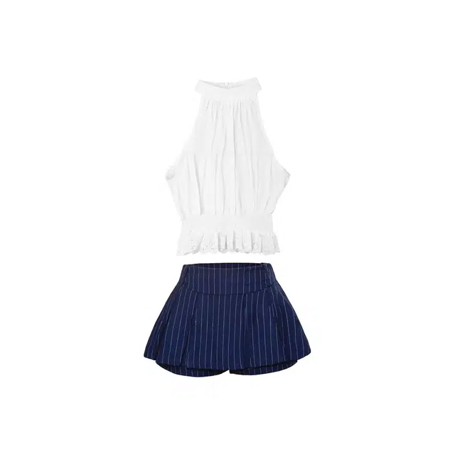 敲模女孩 辣妹纯欲风挂脖收腰上衣+高腰格纹百褶短裙裙装套装 女款