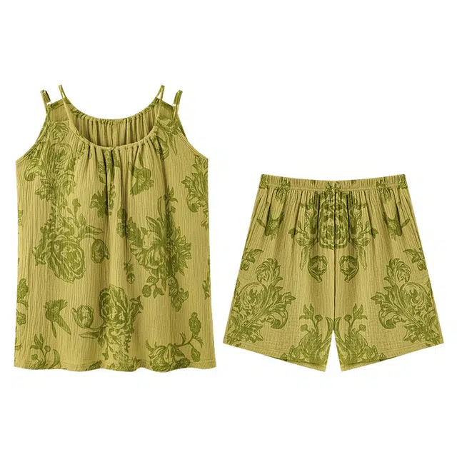 向薇 女士夏季纯棉无袖短裤薄款夏天宽松带胸垫一体女生家居服睡衣套装 女款